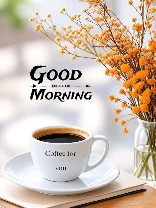A 'Good Morning' greeting card features a white cup of black coffee with 'Coffee for you' printed on it, placed on a saucer next to a vase of bright yellow flowers.