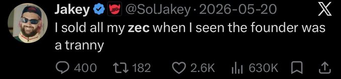 The image is a tweet from Jakey (@SolJakey) dated 2026-05-20 that reads "I sold all my zec when I seen the founder was a tranny," with engagement metrics showing 400 replies, 182 retweets, 2.6K likes, and 630K views. The accompanying post "trannies 1 soljakey 0" references the transphobic content in the tweet, framing it as a "win" for trans people against the user's hateful views.