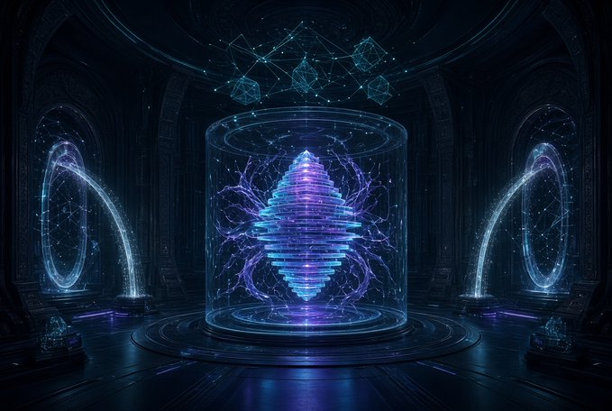 A glowing, blue and purple diamond-shaped structure made of energy sits inside a transparent cylindrical chamber in a dark, futuristic room.