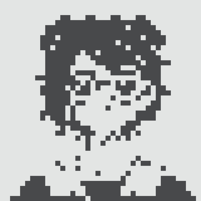 A pixelated, monochromatic dark grey portrait of a smiling face with tousled hair against a white background.