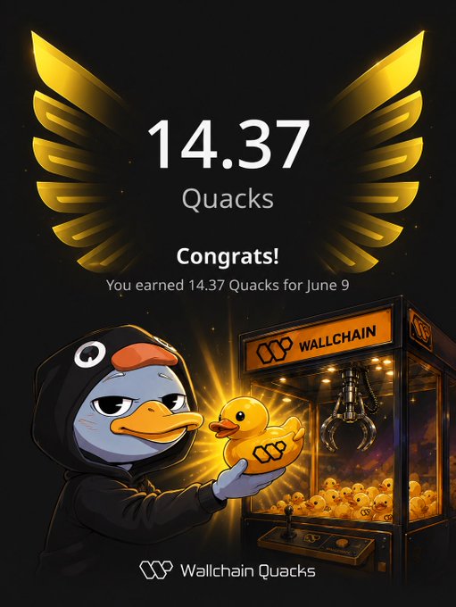 The image features a cartoon duck holding a yellow rubber duck, which has a "Wallchain" logo on its chest. The duck is wearing a black hoodie with a hood pulled up over its head. In front of the duck, there's a machine that looks like a claw or claw-like device, possibly used for playing games or performing tasks in Quack night. The background of the image is dark and has yellow wings on it, giving it an artistic touch. The text "Quack night Legends" suggests that this might be related to Quack night, where people can win prizes by answering questions correctly about various topics.