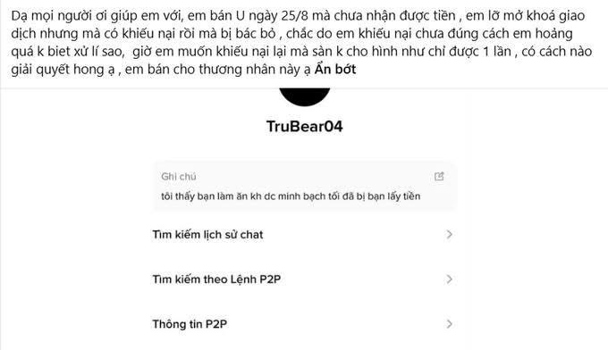A Vietnamese text message seeking help with an unresolved P2P crypto transaction of 25 million VND, accompanied by a profile view showing the username 'TruBear04' and a P2P chat menu.