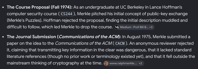 Text describing historical cryptography events: 'The Course Proposal (Fall 1974): As an undergraduate at UC Berkeley in Lance Hoffman's computer security course (CS244), Merkle pitched his initial concept of public-key exchange (Merkle's Puzzles). Hoffman rejected the proposal...' and 'The Journal Submission (Communications of the ACM): In August 1975, Merkle submitted a paper on the idea to the Communications of the ACM (CACM).'