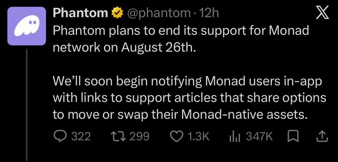 A tweet from the verified Phantom account (@phantom) stating: 'Phantom plans to end its support for Monad network on August 26th. We'll soon begin notifying Monad users in-app with links to support articles that share options to move or swap their Monad-native assets.'