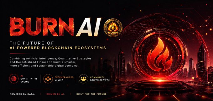 The image features a poster for Burn AI, which is an AI company that creates AI-powered blockchain ecosystems. The poster has a red background with white text, and there are three circles on the poster representing the future of AI. One circle contains a flame, symbolizing the burning of old ways to create new possibilities in technology. Another circle features a city skyline, signifying the growth and expansion of AI into various industries. The third circle displays an image of a building with a "built for" caption, indicating that Burn AI is already making strides in creating these AI-powered systems.