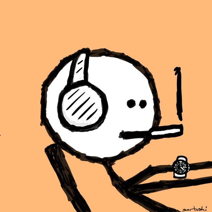 A cartoon character with a large round white head wearing headphones, smoking a cigarette, and displaying a wristwatch, signed "sartoshi" against an orange background.