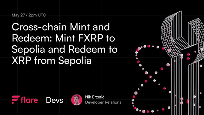 The image features a poster for an event that appears to be about cross-chain mint and redemption. The poster has a black background with white text and images related to the event. It also includes a link to the event, which is scheduled for May 27th at 2:00 PM.