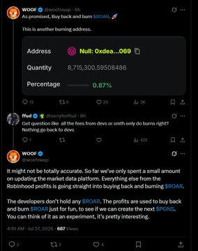 The image shows a tweet by woof (@wowf0x) celebrating a buyback and burn of the $ROAR token, displaying the address "Null: 0xdea…069" with 8,715,300.59508486 tokens representing 0.67% of supply, followed by replies questioning the transparency of the burn process and comparing it to similar projects like $PONS. This relates to the accompanying post's confusion about why $ROAR isn't rallying despite burning fees as a launchpad on Robinhood, as the image shows the developer claiming the burn is a small "experiment" to gauge price impact on $ROAR and related tokens.