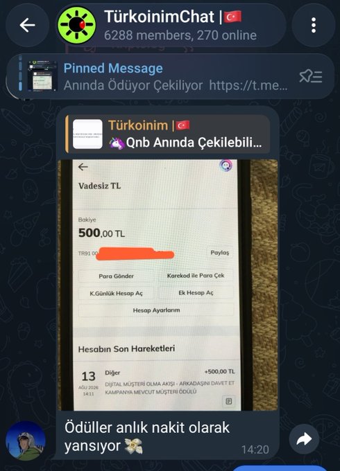 A screenshot of a Telegram channel called 'Tür koinim Chat' with 6288 members, showing a pinned message about instant crypto withdrawals and an image of a banking app showing a 500 TL account balance and a +500 TL deposit notification.