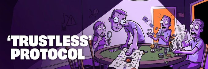 Cartoon illustration titled 'TRUSTLESS' PROTOCOL showing concerned-looking crypto enthusiasts gathered around a poker table covered in coins and tokens.