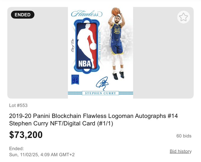 A Stephen Curry 2019-20 Panini Blockchain Flawless Logoman Autographs #14 NFT digital card (#1/1) sold for $73,200 with 60 bids at auction, lot #553, ending Sun, 11/02/25 at 4:09 AM GMT+2, supporting the post's claim that a Curry Panini Blockchain card has already been auctioned on a platform other than Ken's.