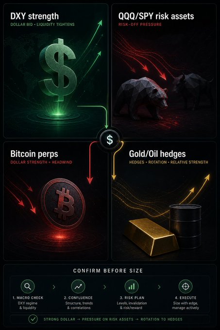 The image shows a poster with four different symbols representing Bitcoin, Gold, Oil, and Dollar strength. The dollar symbol is green, while the other symbols are red or yellow depending on their respective strengths. The poster also includes text that explains the relationship between these symbols and how they can be used in trading strategies for cryptocurrency assets like Bitcoin.