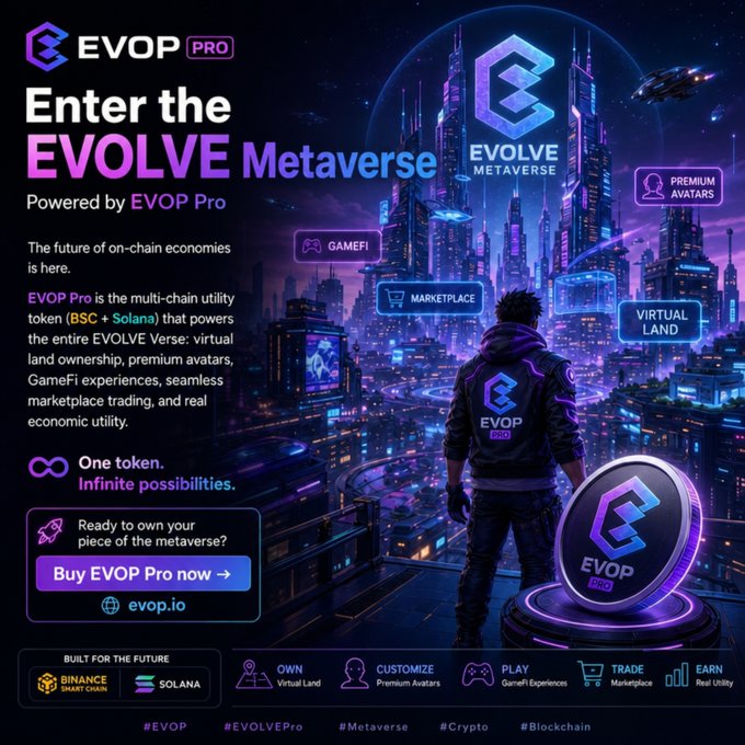 A promotional graphic for EVOP Pro featuring a futuristic cyberpunk cityscape with a character overlooking the metropolis, showcasing the EVOLVE Metaverse and its features: GameFi, Marketplace, Premium Avatars, and Virtual Land. The image highlights EVOP Pro as a multi-chain utility token on BSC and Solana, with a call-to-action to buy at evop.io.