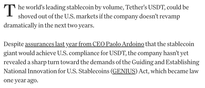 Tether's USDT may face exclusion from U.S. markets within two years unless it complies with the GENIUS Act's regulatory requirements, according to reporting by CoinDesk.
