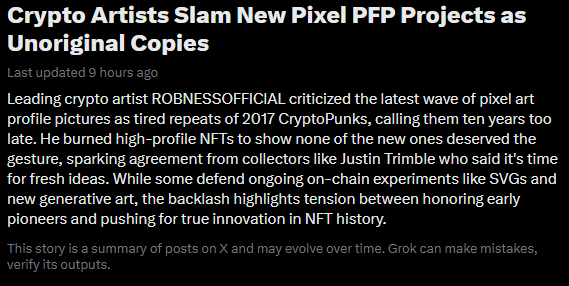 A news article headline reading 'Crypto Artists Slam New Pixel PFP Projects as Unoriginal Copies,' discussing ROBNESSOFFICIAL's criticism of new NFT projects referencing 2017 CryptoPunks.