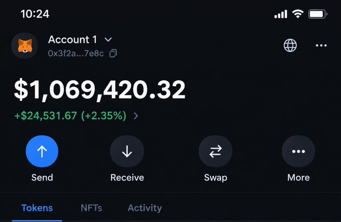 A screenshot of a crypto wallet displays an "Account 1" balance of $1,069,420.32 with a gain of +$24,531.67 (+2.35%), alongside Send, Receive, Swap, and More buttons. This visual directly illustrates the hypothetical scenario posed in the caption, asking whether one would sacrifice a seven-figure crypto portfolio if called to give it all back.