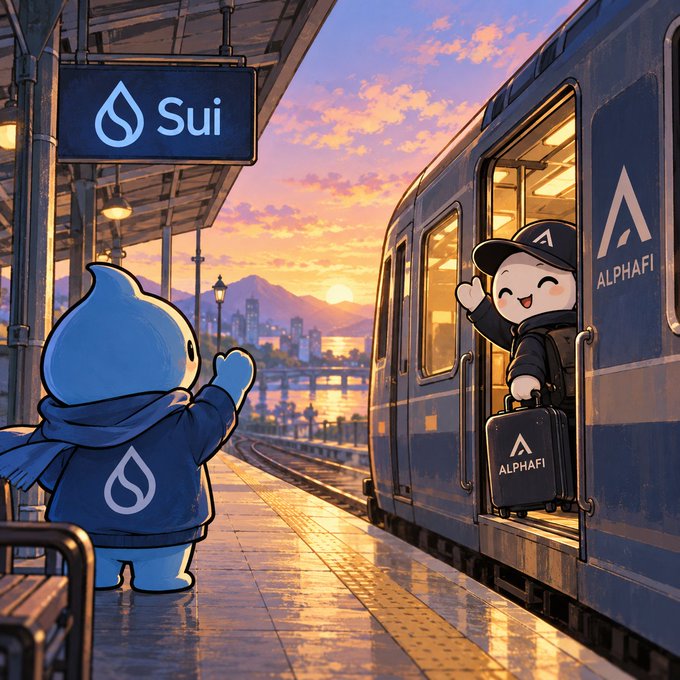 An anime-style illustration shows a Sui mascot waving goodbye at a sunset train station as a character boards an 'ALPHAFI' branded train.