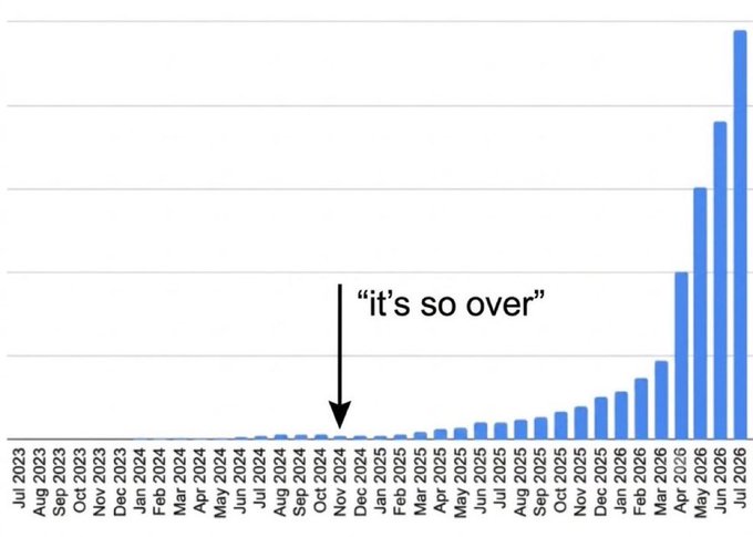 A bar chart showing growth from Jul 2023 to Jul 2026 with an arrow pointing to a low point labeled 'it's so over' around Nov 2024.