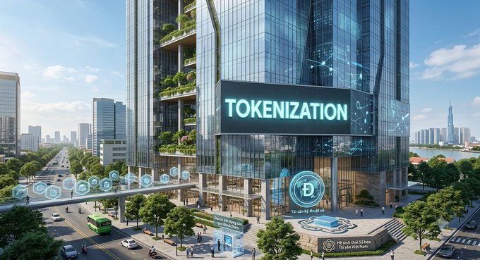 A futuristic digital art illustration of a modern glass skyscraper displaying a large 'TOKENIZATION' sign with blockchain/DeFi imagery.