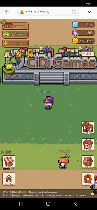 A mobile game interface for 'elf.cidi.games/' featuring a character named 'Bimbong' at Lv. 35 with 2264/22800 XP.