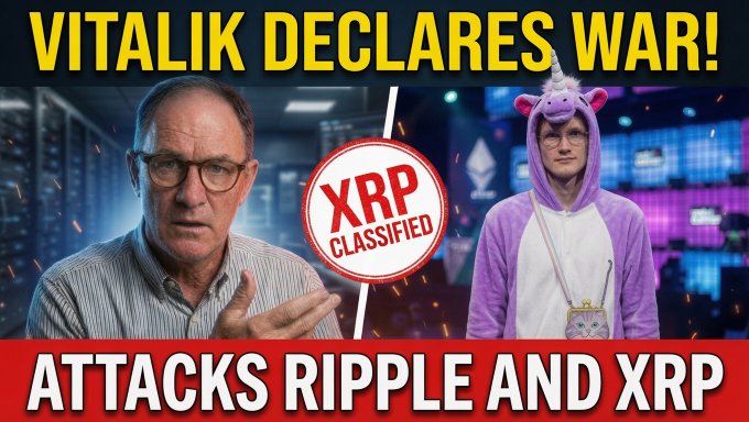 The image is a YouTube thumbnail with the bold yellow headline "VITALIK DECLARES WAR!" at the top, featuring a split design showing an older man in a striped shirt on the left and Vitalik Buterin wearing a purple unicorn onesie on the right, separated by a red "XRP CLASSIFIED" stamp, with the bottom banner reading "ATTACKS RIPPLE AND XRP." The thumbnail visually dramatizes the post's claim that Vitalik Buterin and the Ethereum Foundation released a document ("Ethereum Basics For Governments Institutions") that targets Ripple, XRP, and other blockchain networks by framing the conflict as a dramatic confrontation.