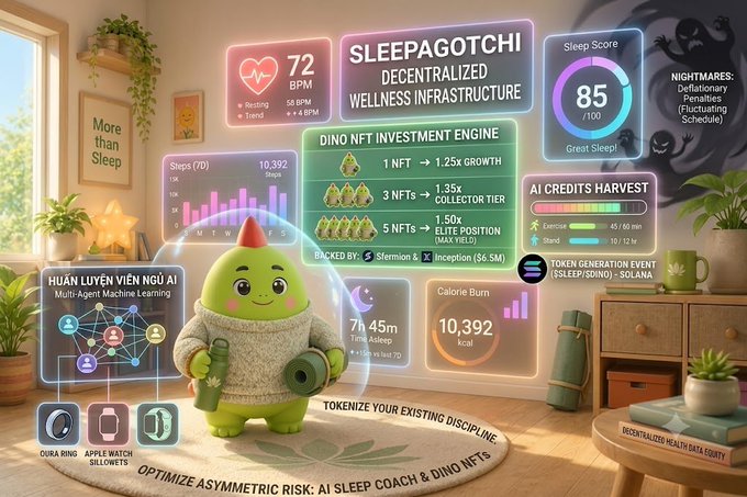Colorful infographic for 'SLEEPAGOTCHI DECENTRALIZED WELLNESS INFRASTRUCTURE' displaying health metrics (72 BPM, Sleep Score 85, 10,392 steps), a 'DINO NFT INVESTMENT ENGINE' with tiered growth rates, AI credits harvest, and a green dinosaur mascot holding a yoga mat.
