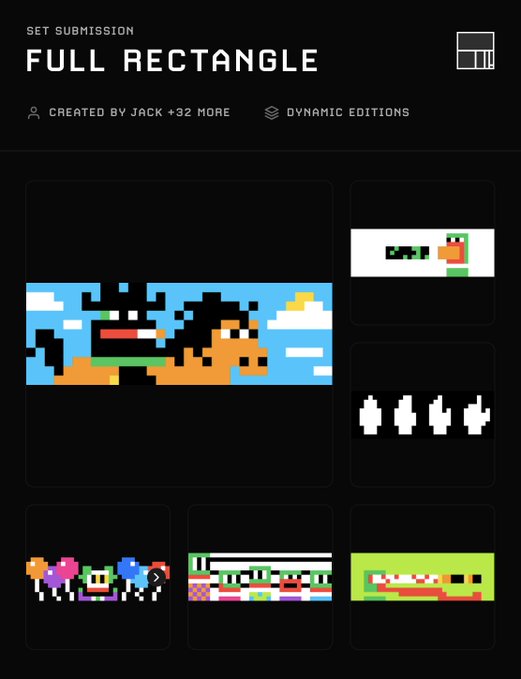 A screenshot of a digital art set submission titled 'FULL RECTANGLE' created by Jack and 32 more, showcasing dynamic editions including pixel art designs of a duck, turtles, ducks, flowers, and a crocodile on a dark background.