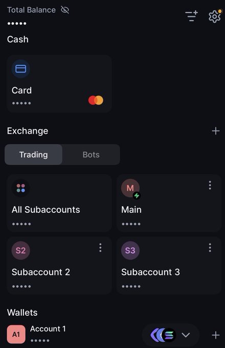 The image shows a Backpack app interface displaying a "Total Balance" section with a Card (masked number ending in Mastercard logo) and an Exchange section with trading subaccounts labeled "Main," "Subaccount 2," and "Subaccount 3," supporting the post's claim about using the Backpack card at 16 venues while earning 6.60% on balances.