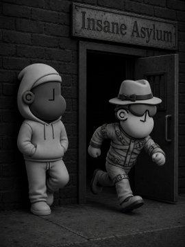 A black and white illustration of two cartoon characters, one in a hoodie and one wearing a cowboy hat and sunglasses, exiting a doorway labeled 'Insane Asylum'.