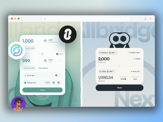A promotional graphic showing two crypto wallet interfaces side by side with the labels 'Ibridge' and 'Next', featuring USDT transactions and a central 't' logo.