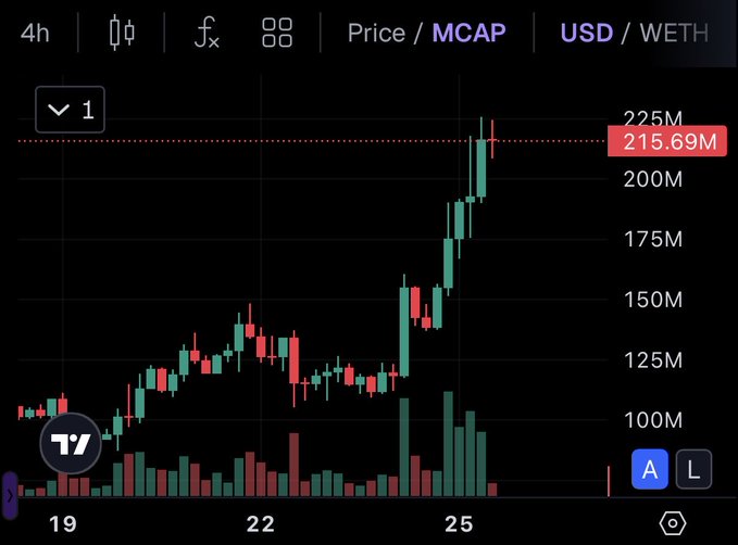 A cryptocurrency trading chart displays the 4-hour price/MCAP movement for an asset in USD, showing a sharp rally from around $100M to a current market cap of $215.69M, with the price action surging significantly around the 25th before pulling back slightly—visually confirming the post's claim of a 54% pump in 24 hours for $CASHCAT back into the top 165 cryptocurrencies.