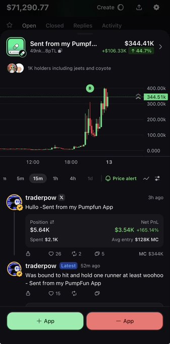 The image shows a crypto trading chart for the token "Sent from my Pumpfun App" with a current price of $344.41k (up 44.7%, +$106.33k) and a portfolio value of $71,290.77, including posts from trader "traderpow" highlighting a successful $5.64K position with a net profit of $3.54K (+165.14%). This directly relates to the post's claim that the token was the only one that held up after significant losses, with the chart and trader comments showing it's currently the strongest performer among the coins aped into.