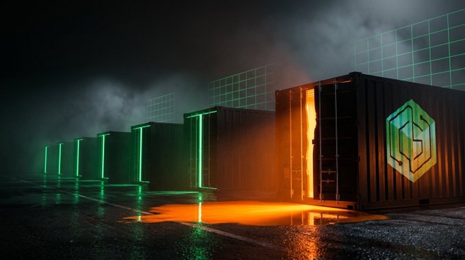A row of shipping containers in a dark, foggy environment features glowing green outlines and an open container spilling bright orange light onto the wet ground.