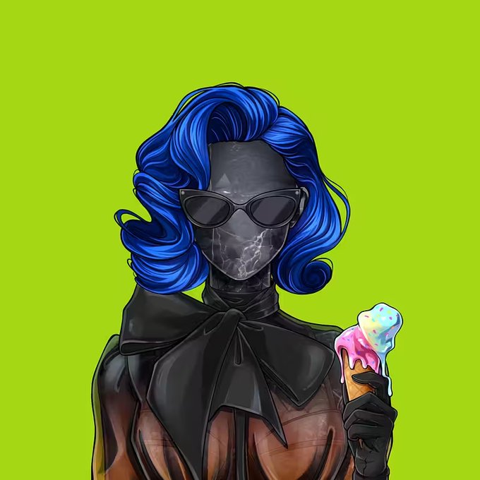 A stylized digital illustration depicts a figure with a cracked dark face and sunglasses, sporting vibrant blue hair and holding a melting ice cream cone against a green background.