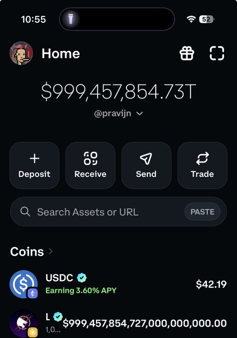 Crypto wallet home screen showing a balance of $999,457,854.73T for user @pravijn, with USDC earning 3.60% APY at $42.19.