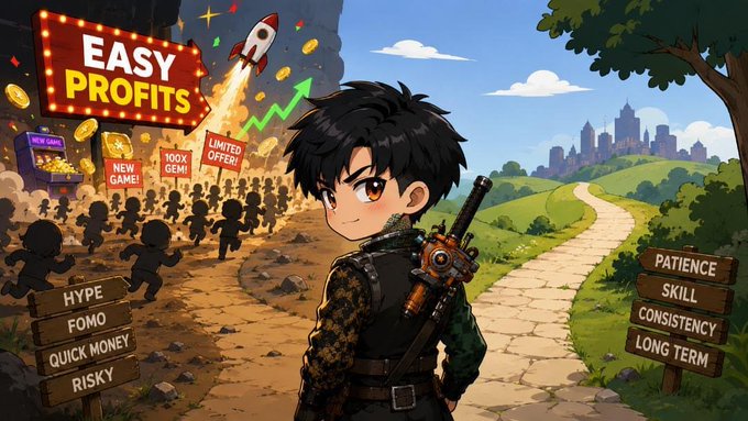 An anime-style character stands at a crossroads, with one path leading toward flashy "EASY PROFITS" and "LIMITED OFFER!" hype-driven crypto gaming schemes, and the other toward a steady road marked by "PATIENCE," "SKILL," "CONSISTENCY," and "LONG TERM" — visually warning against chasing Solana gaming ponzies in favor of sustainable approaches.