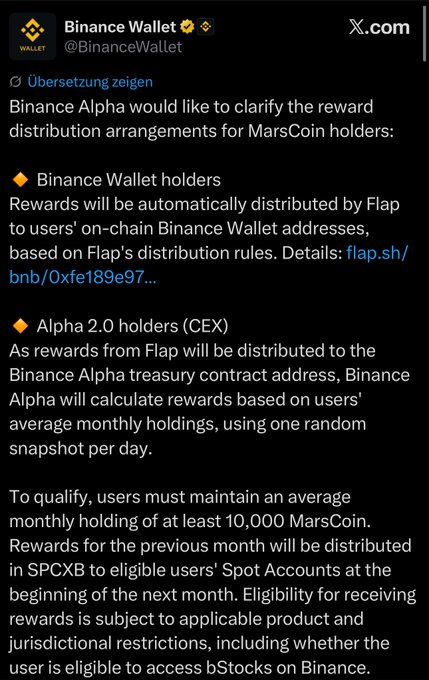 A Binance Wallet announcement on X.com explaining MarsCoin holder reward distribution arrangements for Binance Wallet holders and Alpha 2.0 holders.