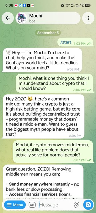A screenshot of a Telegram chat with a bot named 'Mochi', where a user 'ZOZO' asks about cryptocurrency misconceptions, and the bot explains that crypto is about 'building decentralized trust - programmable money' and 'Send money anywhere instantly'.