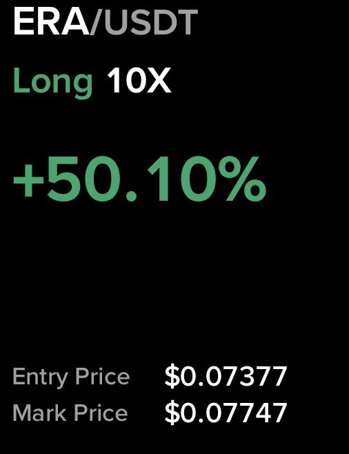 A screenshot of a crypto futures trade on ERA/USDT showing a profitable Long 10x position with a +50.10% gain, entered at $0.07377 and marked at $0.07747, illustrating the "boom boom instant money" mentioned in the caption.