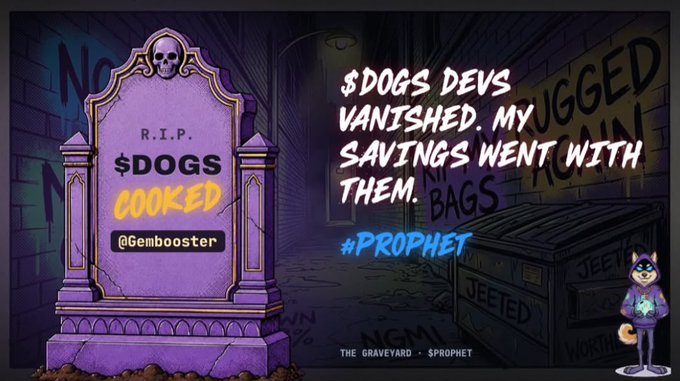 A purple tombstone marked "R.I.P. $DOGS COOKED" by @Gembooster sits in a dark alley, accompanied by the declaration "$DOGS devs vanished. My rugged savings went with them. #PROPHET," illustrating the user's post about ceremoniously "burying" their $DOGS loss in Prophet the Dog's Graveyard.