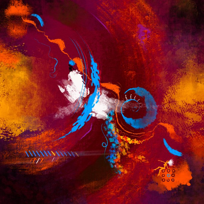 A vibrant abstract digital artwork featuring swirling blues, fiery oranges, and deep reds, with a white butterfly-like shape and circular motifs that evoke a dynamic, otherworldly landscape—visually embodying the "Textural Playground" concept mentioned in the post by @madam_selkie.