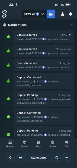 A screenshot of Stake.com's notifications page showing multiple "Bonus Received" alerts ranging from $193.00 to $199.78 added to the user's vault balance, supporting the post's claim of receiving generous tip bonuses from the crypto casino.