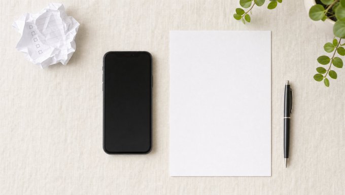 A flat lay on a textured beige surface features a crumpled piece of paper with checkboxes, a black smartphone, a blank white sheet of paper, a black pen, and green plant leaves.
