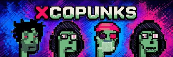 A pixel art banner for "XCOPUNKS" featuring four green zombie-style characters with varied hairstyles and red eyes against a pink and blue splatter background.