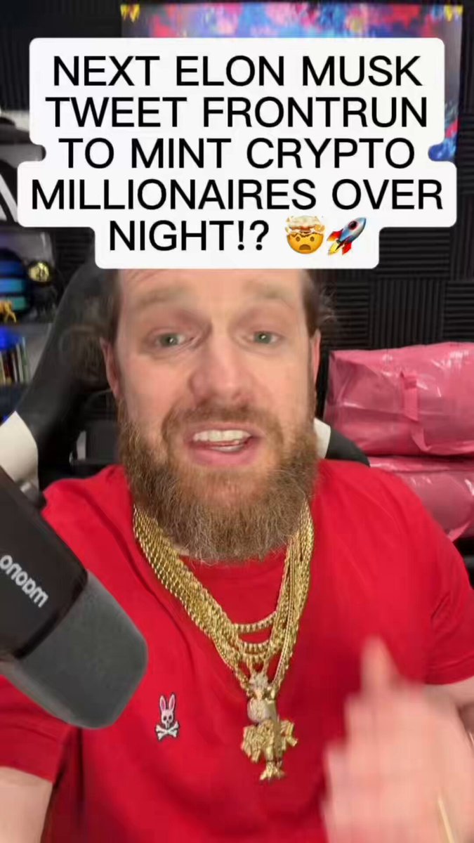 The image features a man wearing a red shirt, with a microphone attached to his neck. He appears to be talking into the microphone or giving a speech. The caption of the image reads "Next Elon Musk Tweets Frontrun To Mint Crypto Millionaires Over Night!". This suggests that there is an ongoing conversation about cryptocurrency and its potential impact on society.