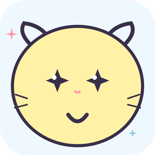 A yellow cartoon cat face emoji with star-shaped eyes, a small smile, whiskers, and pink and blue sparkle accents on a white background.