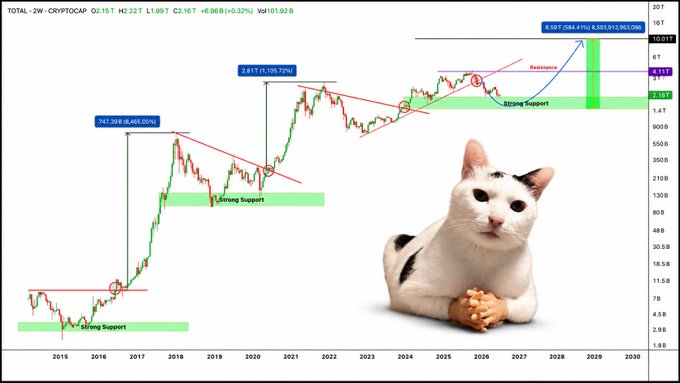 Total-2W-CRYPTOCAP chart from 2015 to 2030 showing historical price action with technical analysis annotations including 'Strong Support,' resistance, and percentage gains of 747%, 3,417%, and projected 5,687%, with a surprised cat meme overlaid.