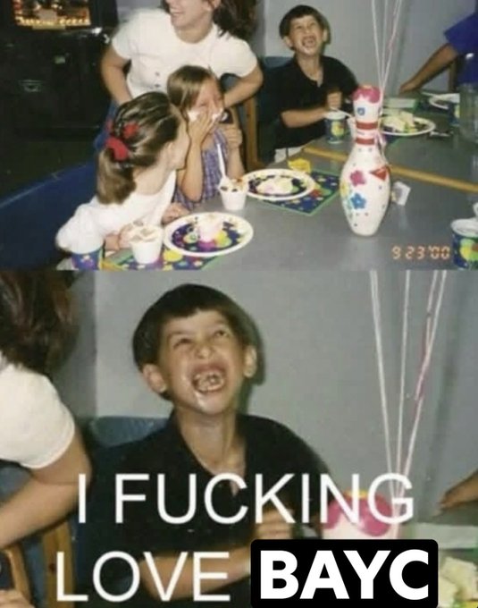 A two-panel meme showing a boy at a birthday party crying with excitement, with text reading 'I FUCKING LOVE BAYC'.