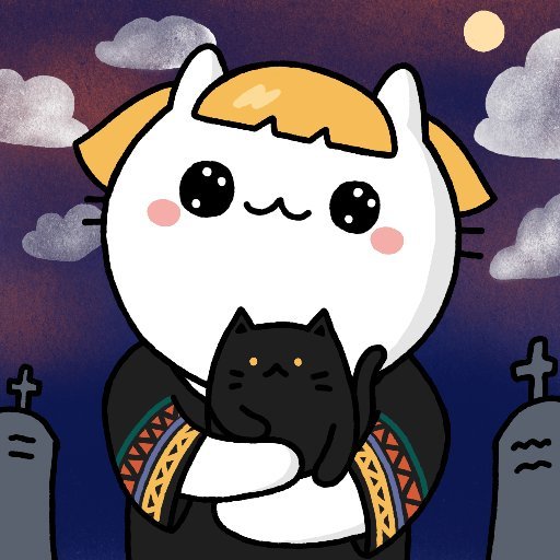 A cute cartoon illustration of a white cat with orange hair patches holding a small black cat, set against a dark night sky with tombstones, clouds, and a moon.