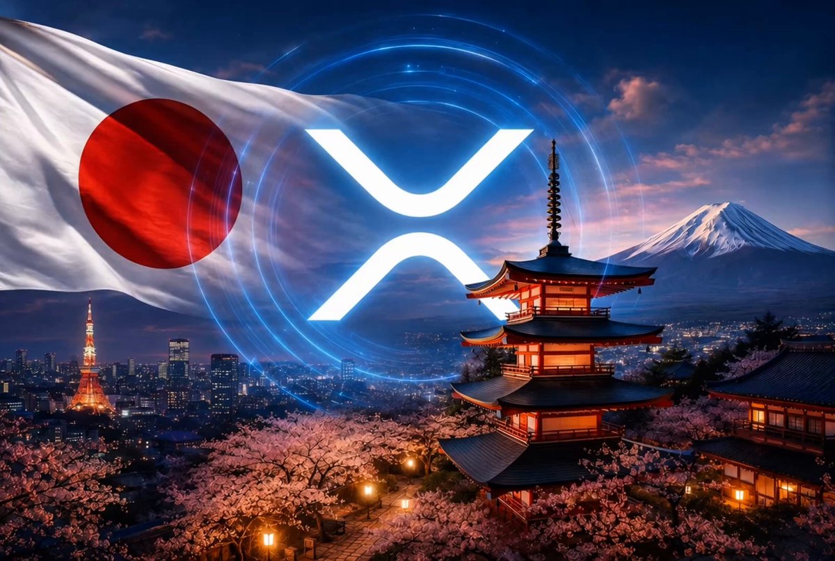 The image features a Japanese flag with an x over it, surrounded by cherry blossom trees and buildings at night. In the background, there are mountains visible against the dark sky. The scene appears to be set in Japan during the evening hours.